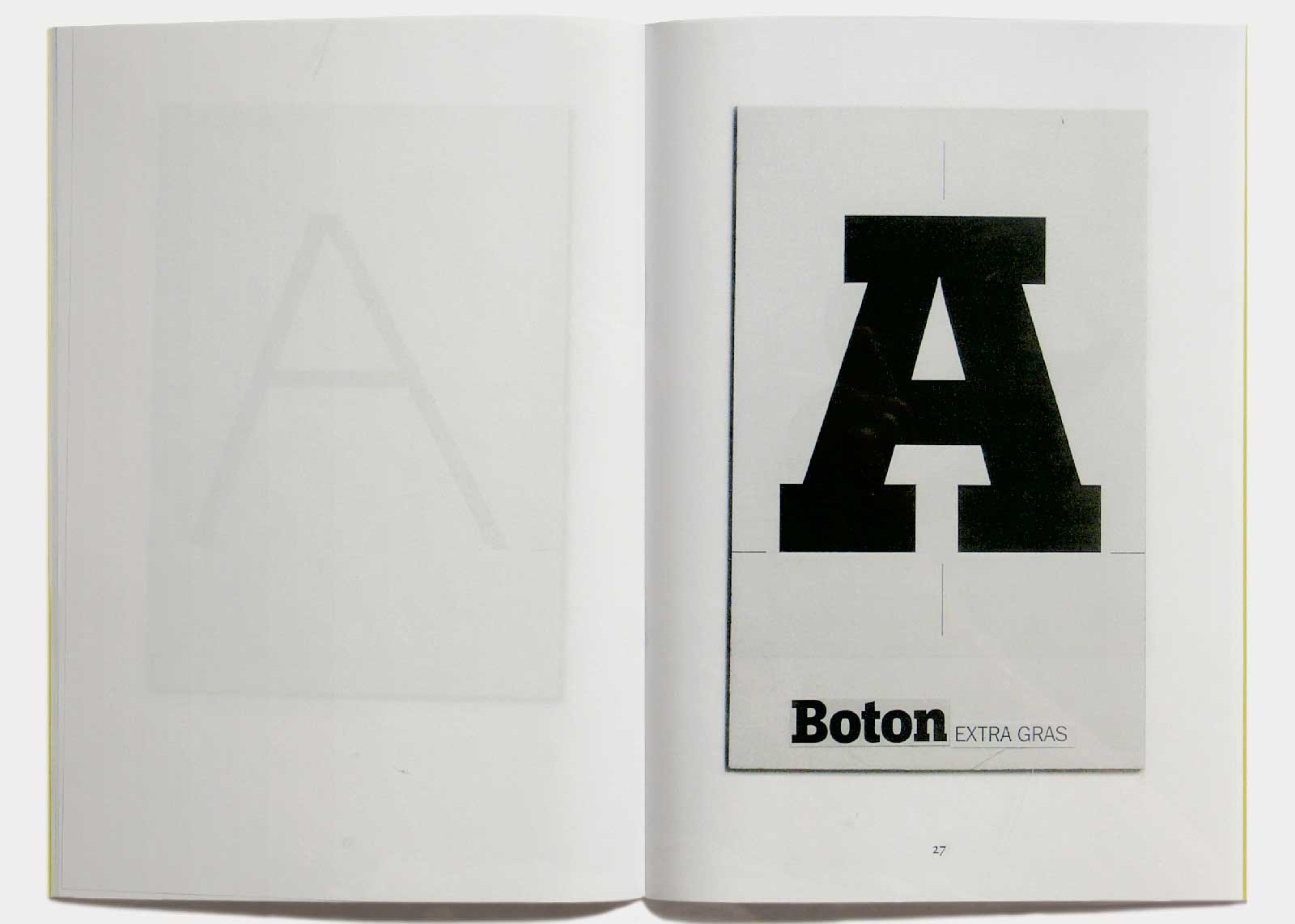 Page 27 — Caractère Boton (1976, Typogabor ; 1986, Berthold), dessin original à l’encre sur carte à gratter.