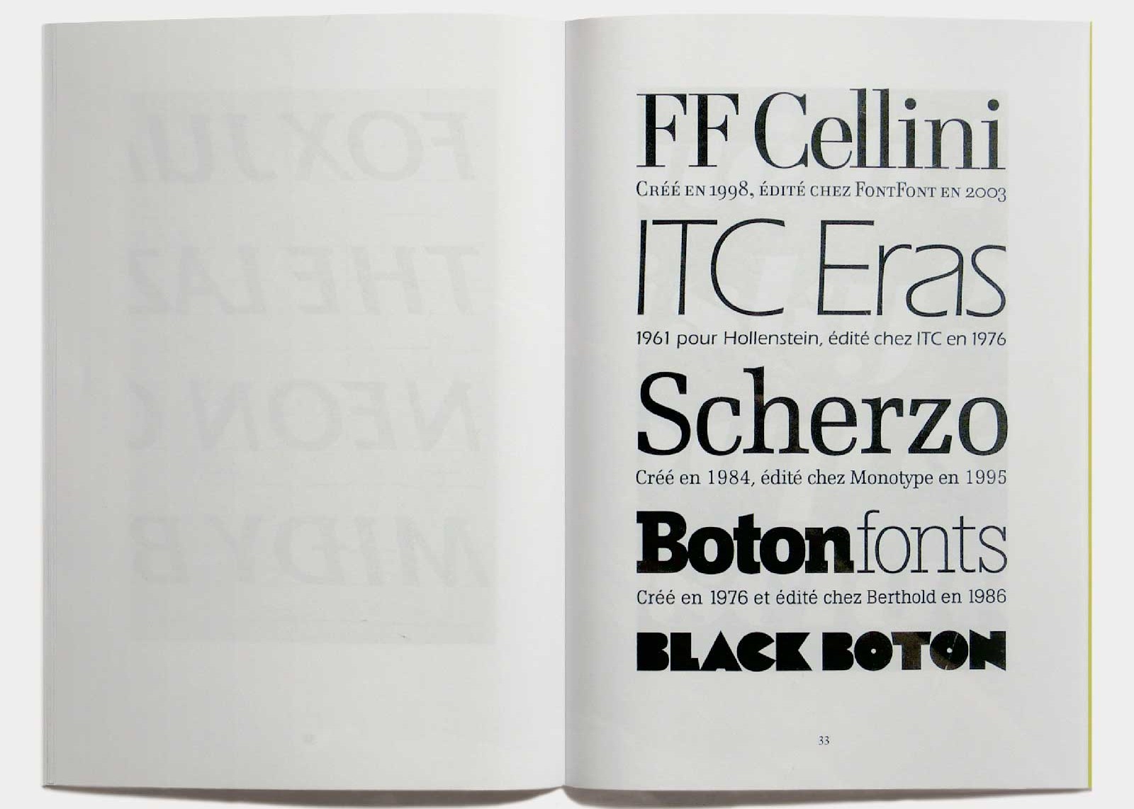 Page 33 — Caractères Cellini (1998 ; 2003, FontFont), Eras (1961, Hollenstein ; 1965, version plomb ; 1976, ITC), Scherzo (1984 ; 1990, Purup ; 1995, Monotype), Boton (1976, Typogabor ; 1986, Berthold), Black Boton (1970, Delpire ; 1997, Monotype).